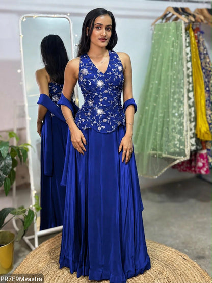 Royal Blue Indo-Western Set with Beadwork Top, Skirt & Dupatta