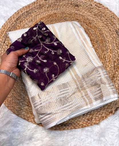 Russian Dola Chex Viscose Saree with Rangoli Embroidered Blouse