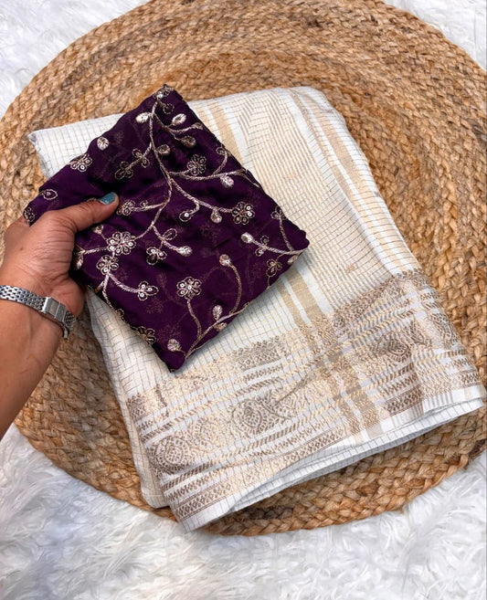 Russian Dola Chex Viscose Saree with Rangoli Embroidered Blouse