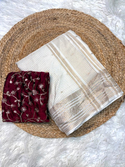 Russian Dola Chex Viscose Saree with Rangoli Embroidered Blouse