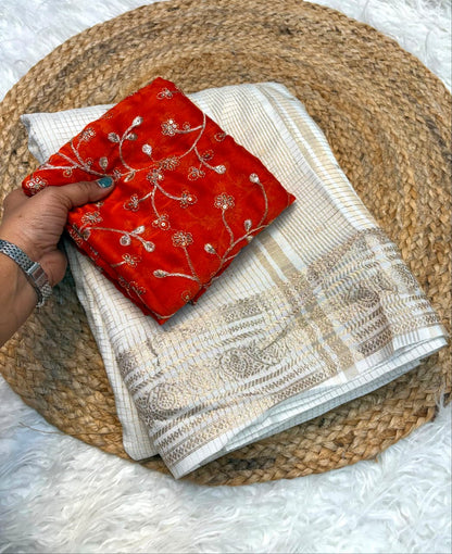 Russian Dola Chex Viscose Saree with Rangoli Embroidered Blouse