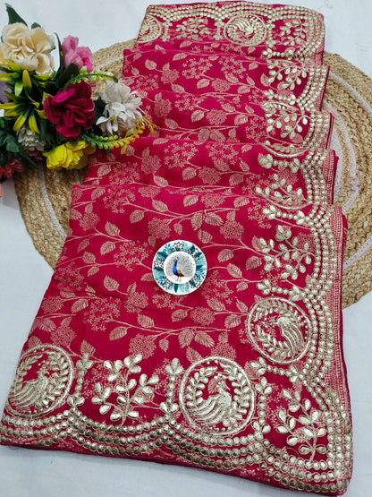 Russian Silk Saree with C Pallu Gotta Foil Work & Woven Zari