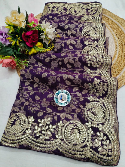 Russian Silk Saree with C Pallu Gotta Foil Work & Woven Zari