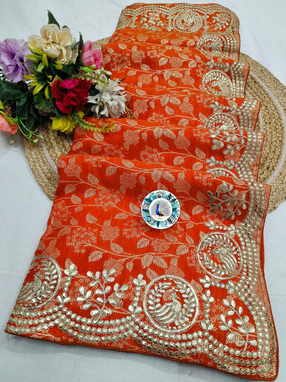 Russian Silk Saree with C Pallu Gotta Foil Work & Woven Zari