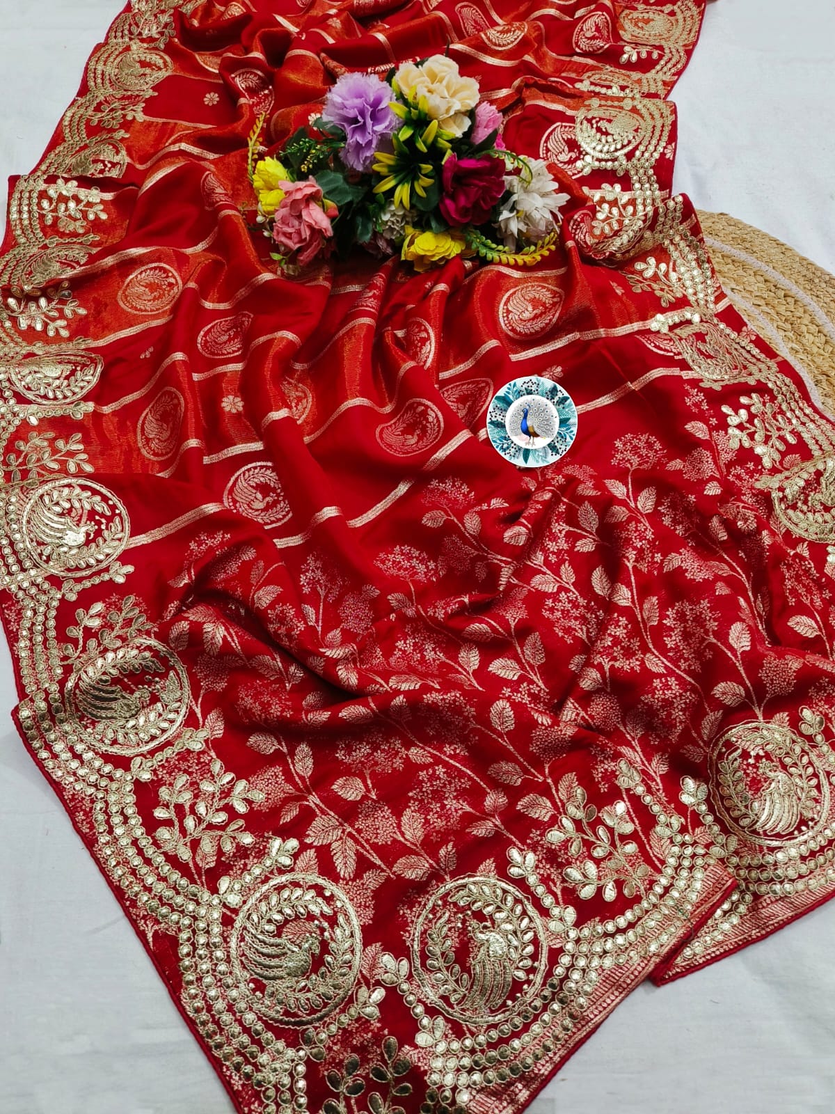 Russian Silk Saree with C Pallu Gotta Foil Work & Woven Zari