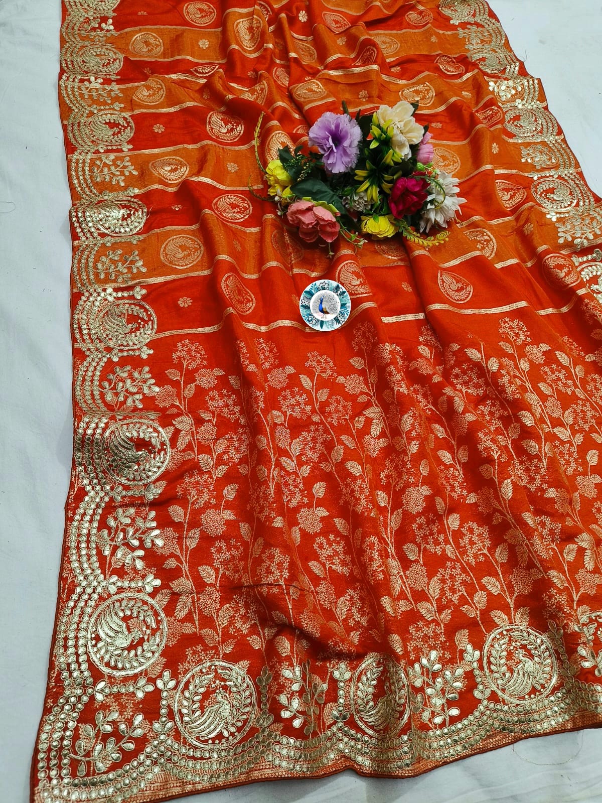 Russian Silk Saree with C Pallu Gotta Foil Work & Woven Zari