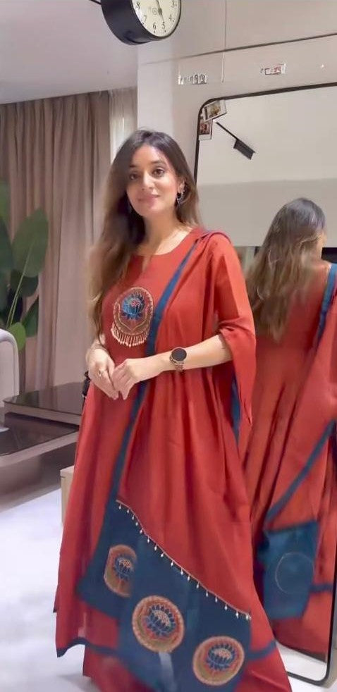 Rust Cotton 60/60 Lotus Embroidered Kurti Pant & Dupatta Set