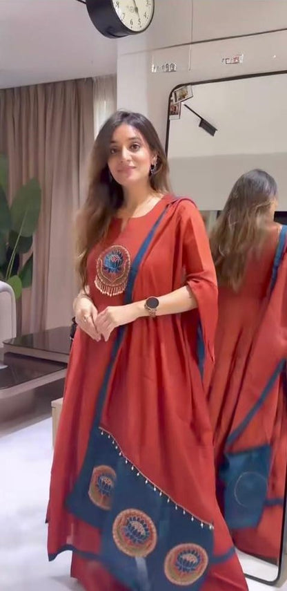 Rust Cotton 60/60 Lotus Embroidered Kurti Pant & Dupatta Set
