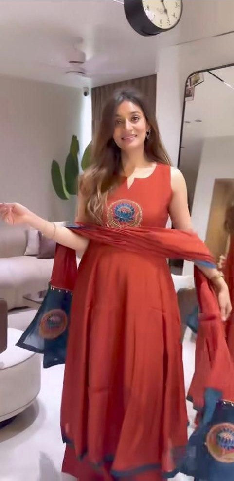 Rust Cotton 60/60 Lotus Embroidered Kurti Pant & Dupatta Set