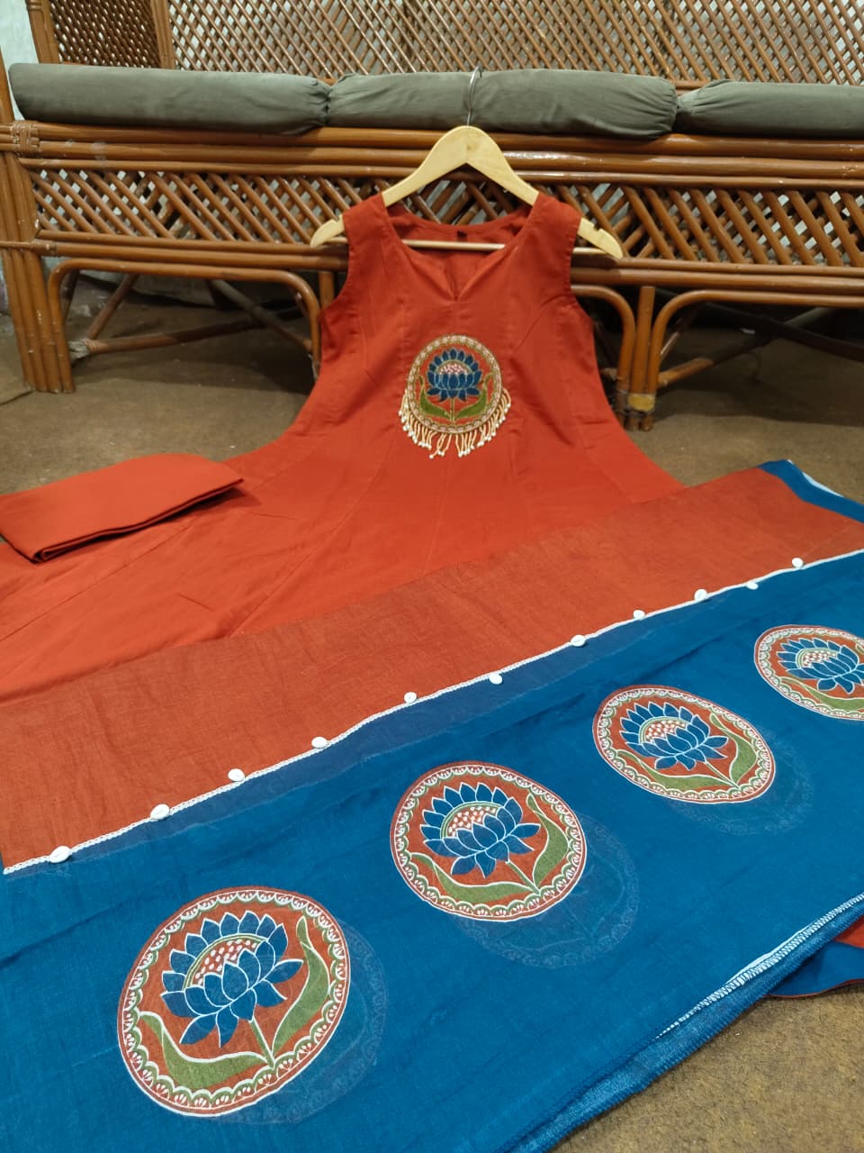 Rust Cotton 60/60 Lotus Embroidered Kurti Pant & Dupatta Set