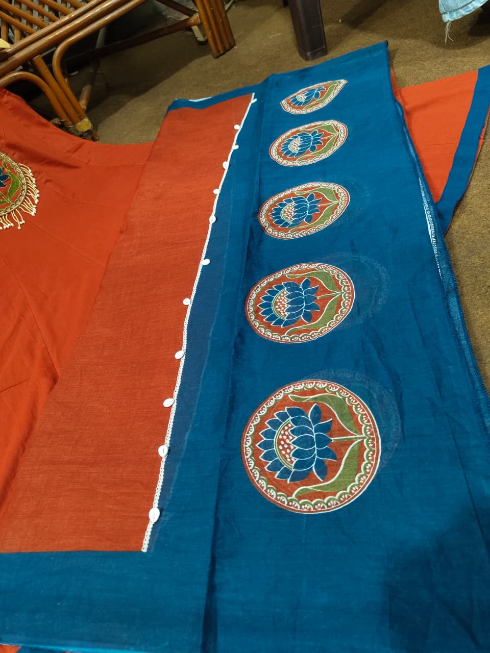 Rust Cotton 60/60 Lotus Embroidered Kurti Pant & Dupatta Set