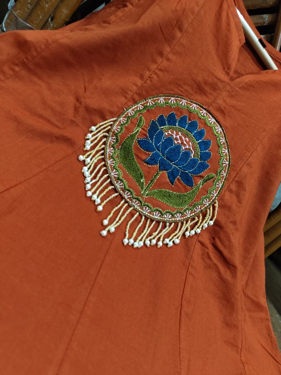 Rust Cotton 60/60 Lotus Embroidered Kurti Pant & Dupatta Set