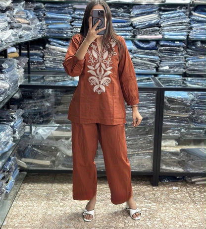Rust Cotton Embroidered Co-Ord Set for Women
