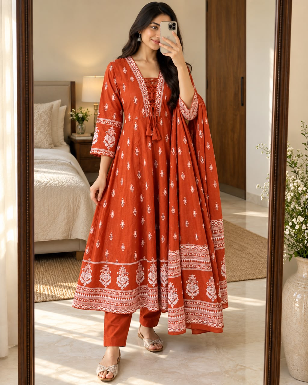 Rust Cotton Taj 60x60 Anarkali Suit Set with Printed Dupatta
