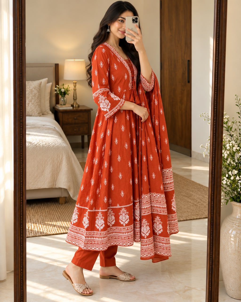 Rust Cotton Taj 60x60 Anarkali Suit Set with Printed Dupatta