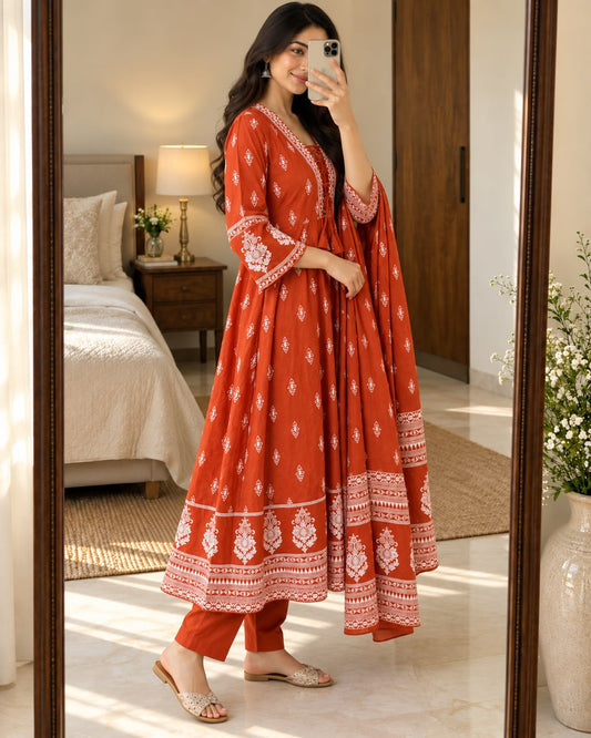 Rust Cotton Taj 60x60 Anarkali Suit Set with Printed Dupatta