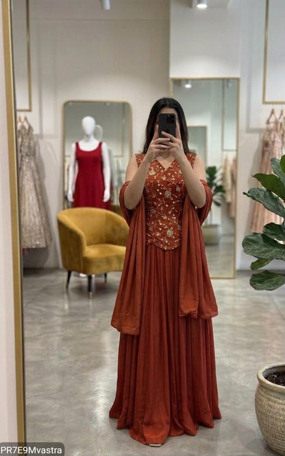 Rust Indo-Western Set with Beadwork Top & Flared Skirt | 3-Piece Set