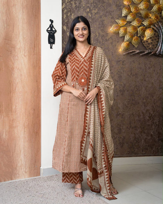 Rust Orange Chevron Print Cotton Suit Set with Malmal Dupatta