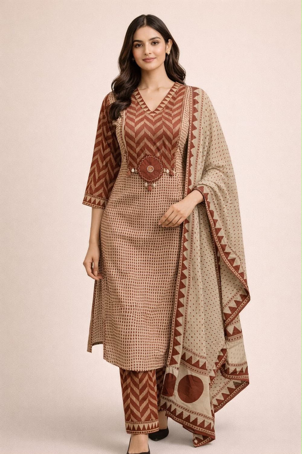 Rust Orange Chevron Print Cotton Suit Set with Malmal Dupatta