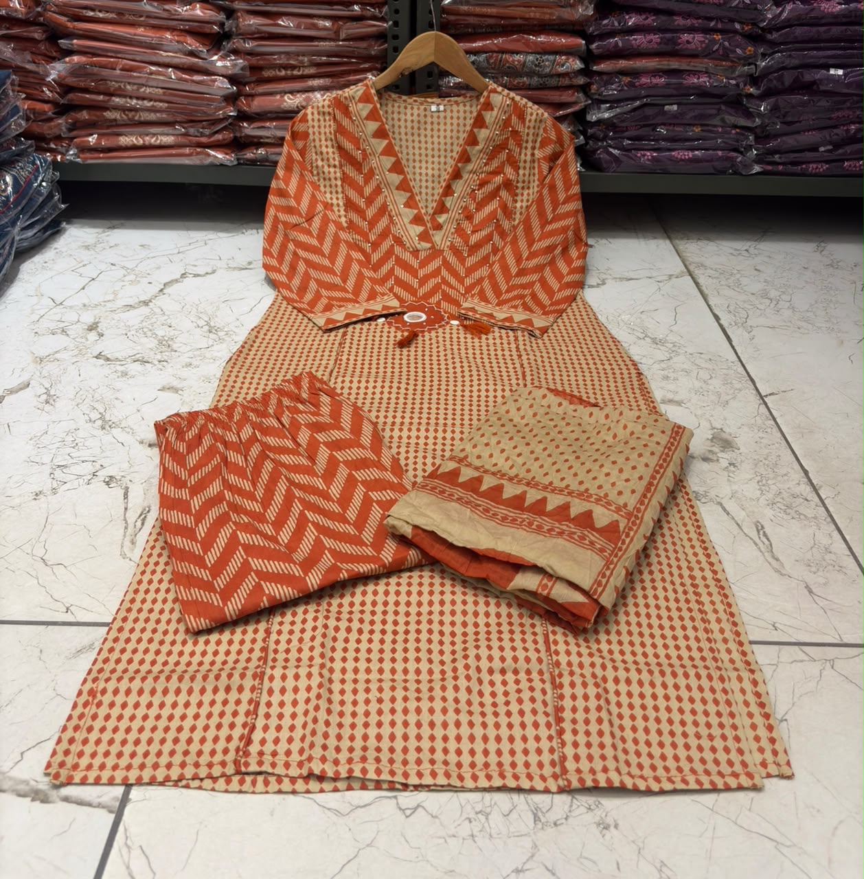 Rust Orange Chevron Print Cotton Suit Set with Malmal Dupatta