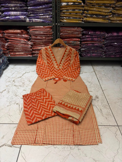 Rust Orange Chevron Print Cotton Suit Set with Malmal Dupatta