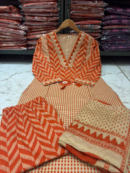 Rust Orange Chevron Print Cotton Suit Set with Malmal Dupatta