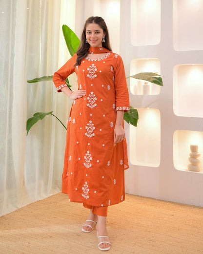 Rust Orange Cotton Kurta Set with White Embroidery, Pant & Dupatta
