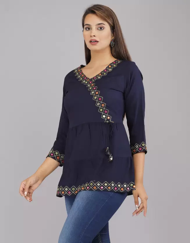 Blue Rayon Top with Embroidery