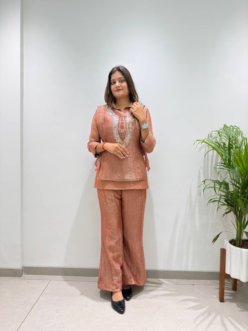 Salsa Silk Shirt Pant Set with Embroidered Beadwork Shrug
