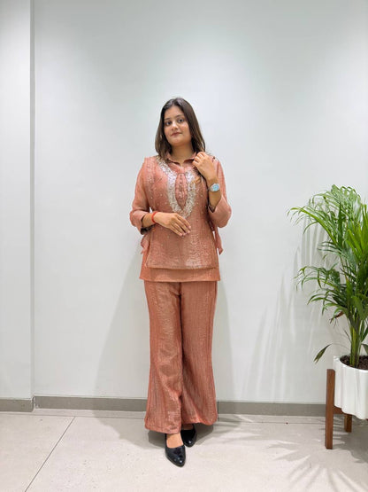 Salsa Silk Shirt Pant Set with Embroidered Beadwork Shrug