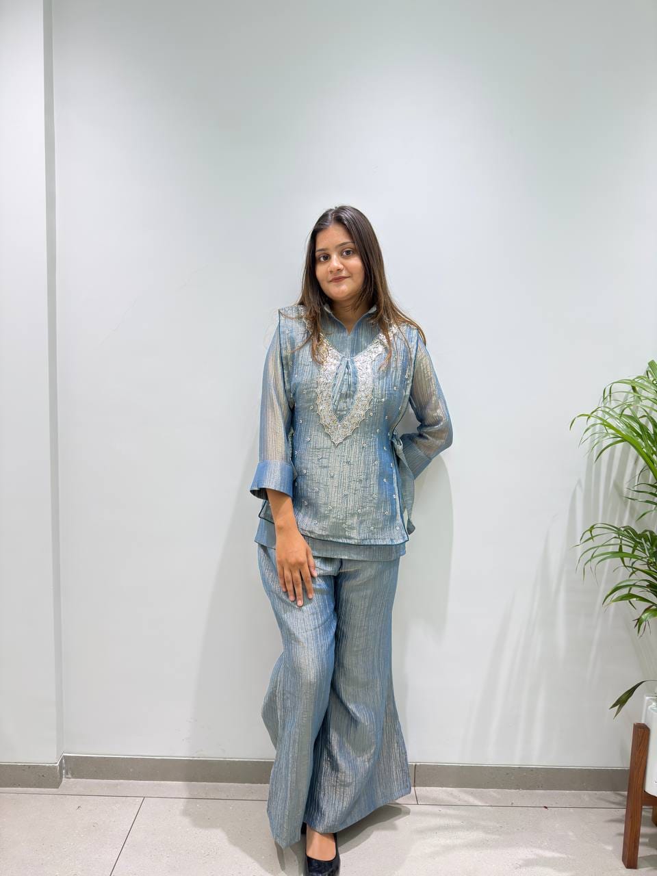 Salsa Silk Shirt Pant Set with Embroidered Beadwork Shrug