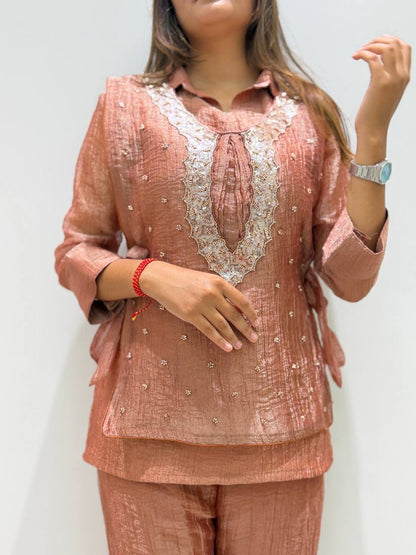 Salsa Silk Shirt Pant Set with Embroidered Beadwork Shrug