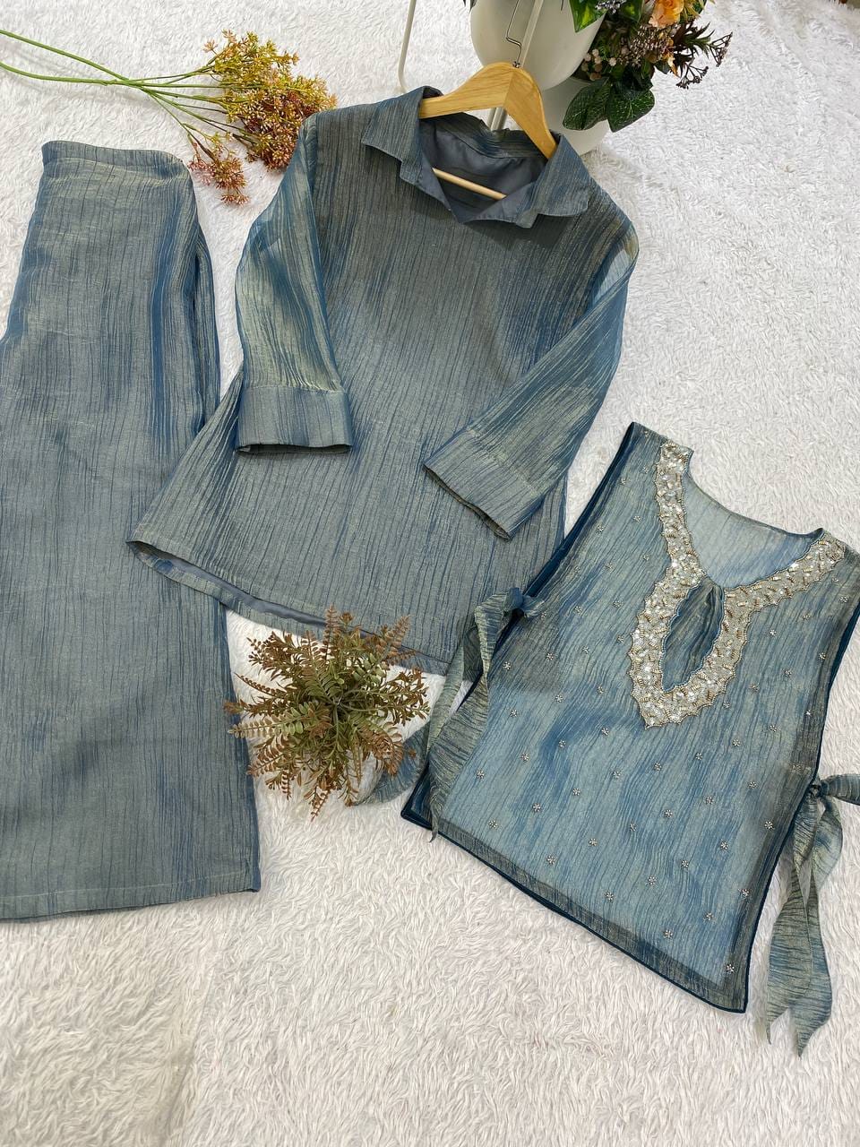 Salsa Silk Shirt Pant Set with Embroidered Beadwork Shrug