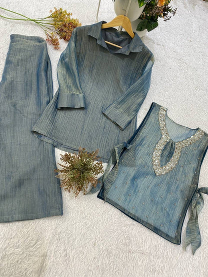 Salsa Silk Shirt Pant Set with Embroidered Beadwork Shrug