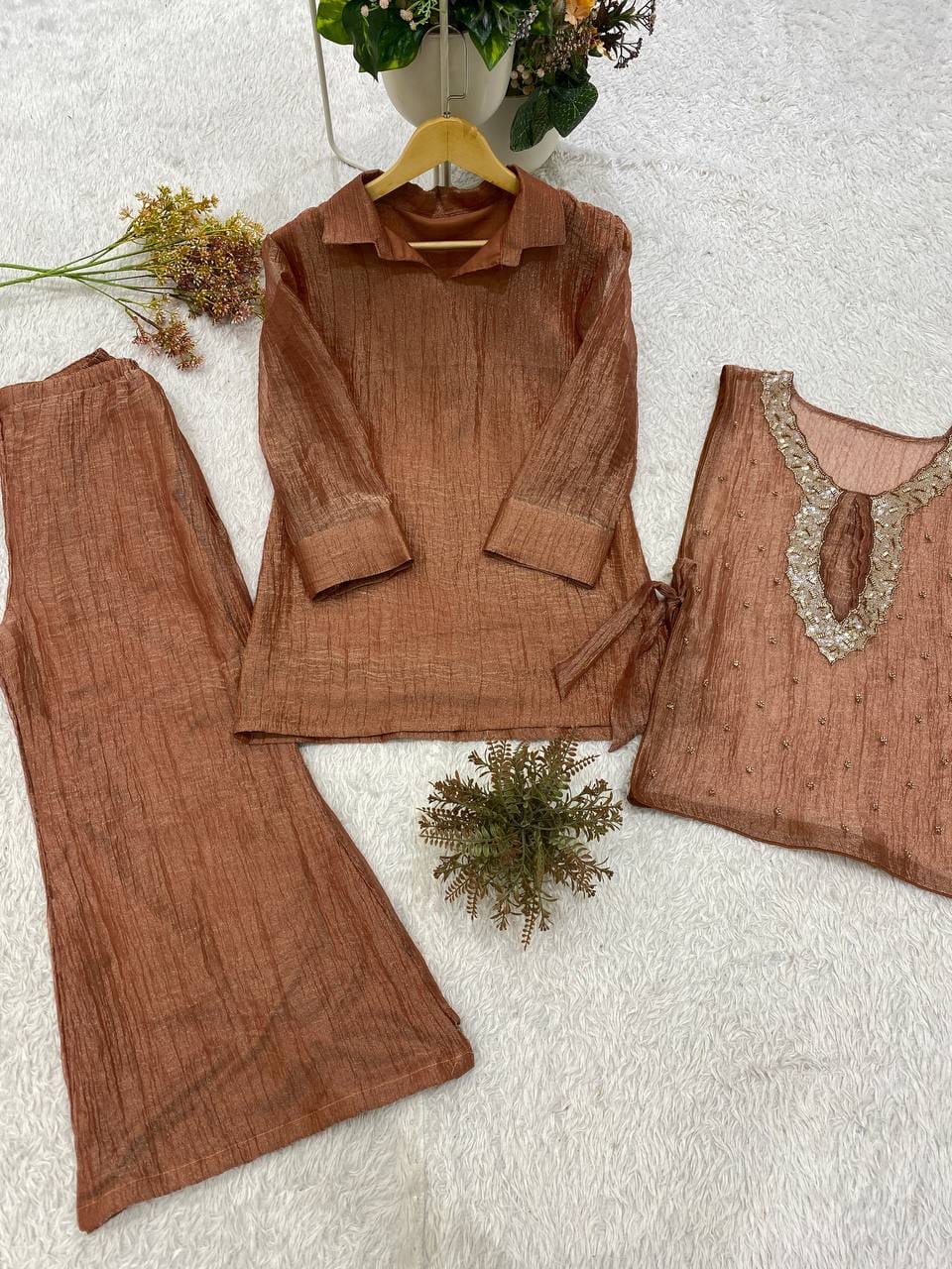 Salsa Silk Shirt Pant Set with Embroidered Beadwork Shrug