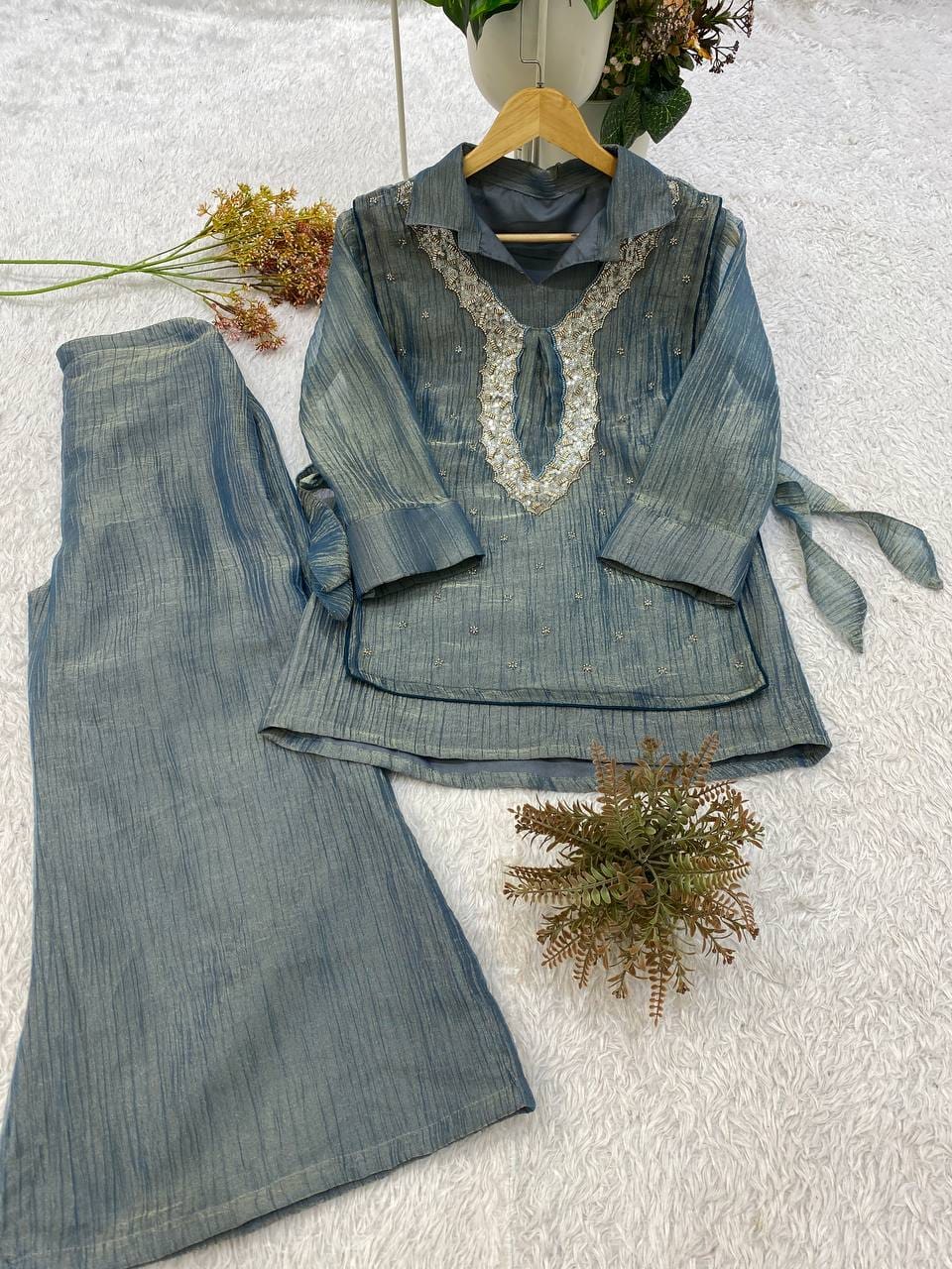 Salsa Silk Shirt Pant Set with Embroidered Beadwork Shrug