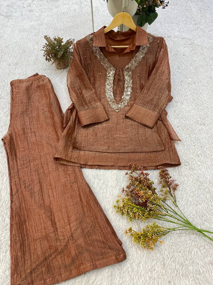 Salsa Silk Shirt Pant Set with Embroidered Beadwork Shrug