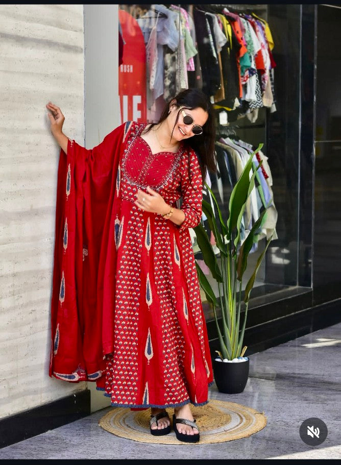 Sanganeri Printed Flared Anarkali Kurta Pant Dupatta Set with Adda Work