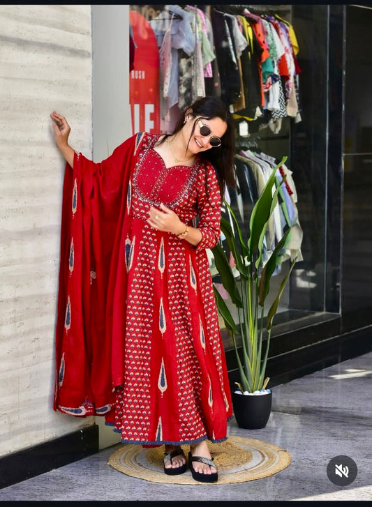 Sanganeri Printed Flared Anarkali Kurta Pant Dupatta Set with Adda Work