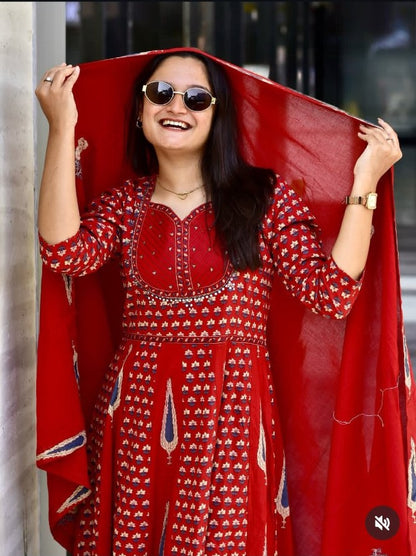 Sanganeri Printed Flared Anarkali Kurta Pant Dupatta Set with Adda Work