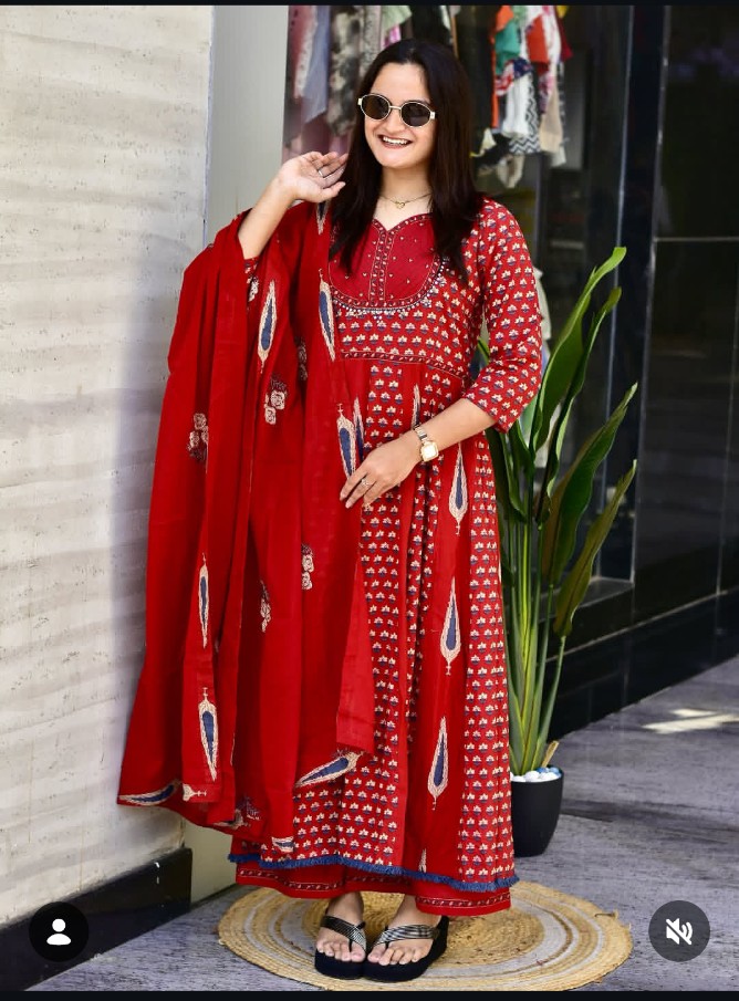 Sanganeri Printed Flared Anarkali Kurta Pant Dupatta Set with Adda Work