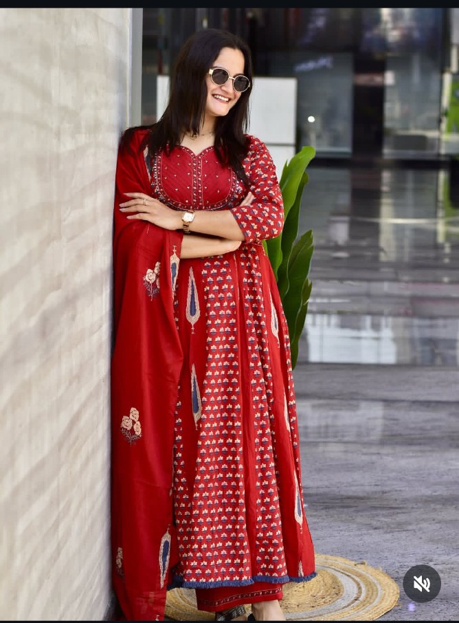 Sanganeri Printed Flared Anarkali Kurta Pant Dupatta Set with Adda Work