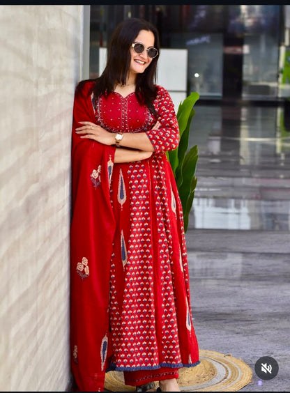 Sanganeri Printed Flared Anarkali Kurta Pant Dupatta Set with Adda Work