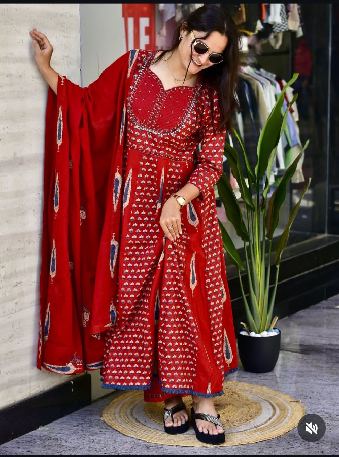 Sanganeri Printed Flared Anarkali Kurta Pant Dupatta Set with Adda Work