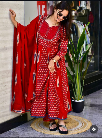 Sanganeri Printed Flared Anarkali Kurta Pant Dupatta Set with Adda Work