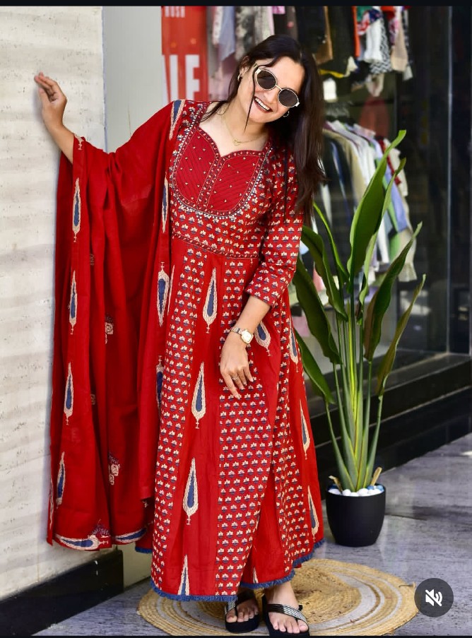 Sanganeri Printed Flared Anarkali Kurta Pant Dupatta Set with Adda Work