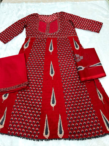 Sanganeri Printed Flared Anarkali Kurta Pant Dupatta Set with Adda Work