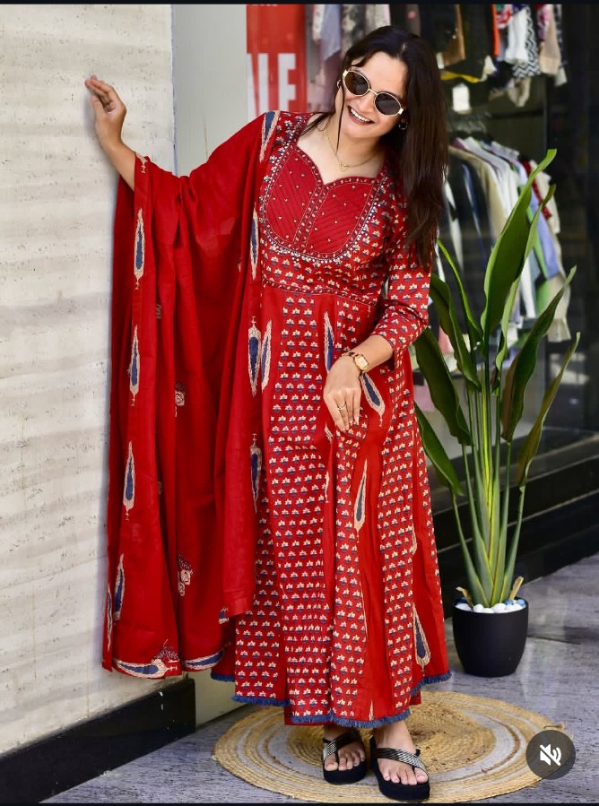 Sanganeri Printed Flared Anarkali Kurta Pant Dupatta Set with Adda Work