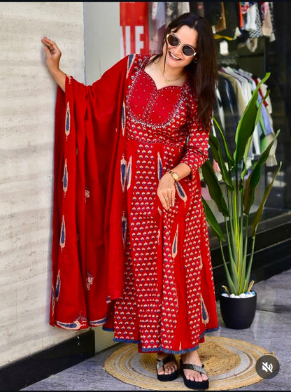 Sanganeri Printed Flared Anarkali Kurta Pant Dupatta Set with Adda Work