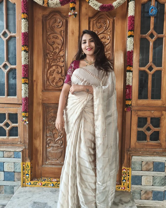 Satin Chiffon Lehriya Floral Saree with Embroidered Contrast Blouse